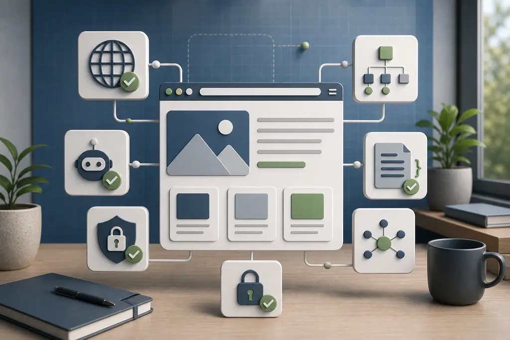 Agent and AI readiness workflow with a web page connected to crawlability, structured data, machine-readable formats, bot controls, and secure action boundaries