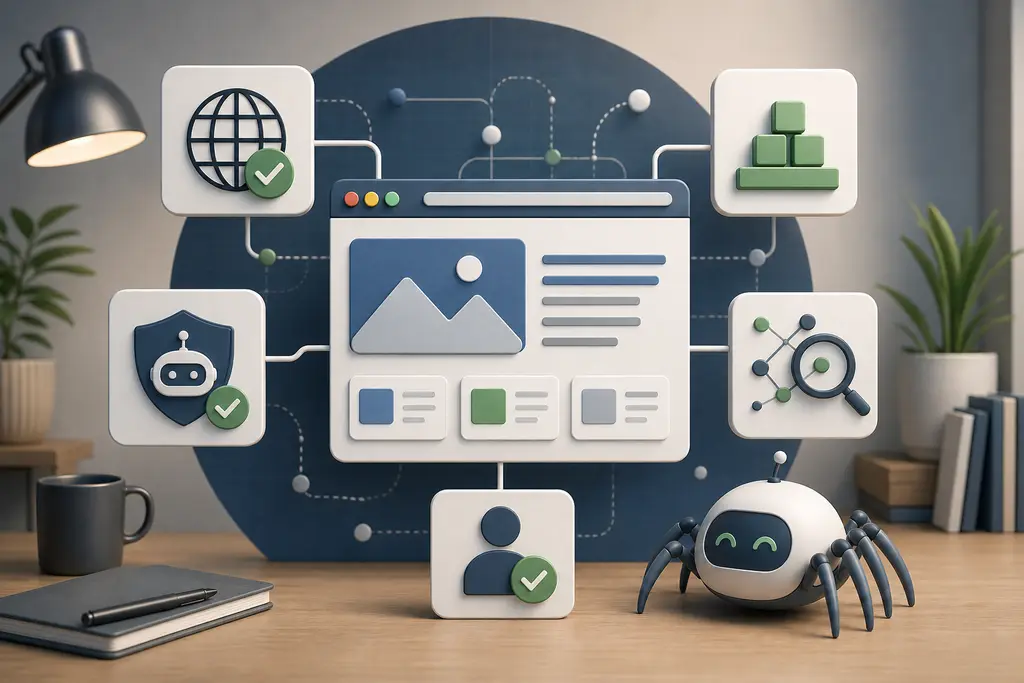Agent-ready website illustration with a central web page connected to crawlability, structure, access control, search, and human oversight signals