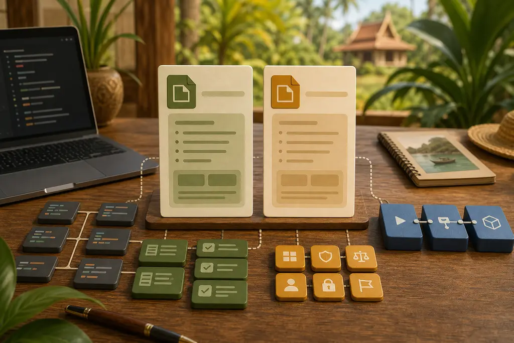 Shared AI coding instruction files connected to codebase modules, tests, deployment checks, and Thailand business website rules
