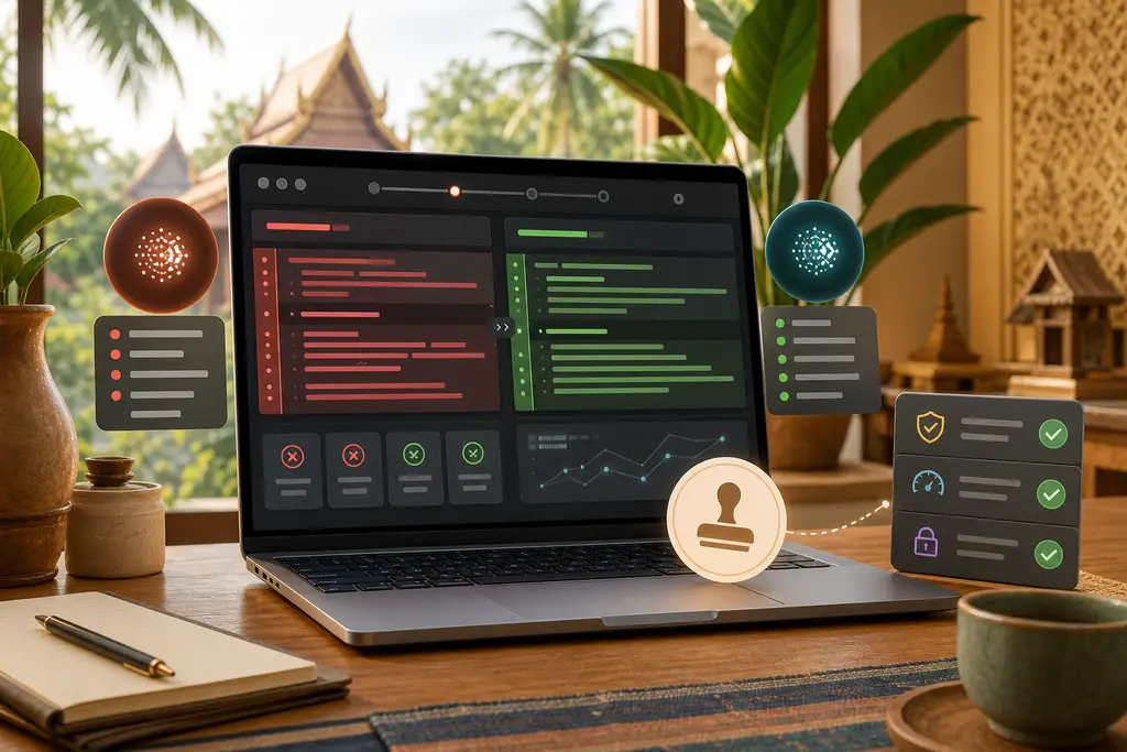 AI code review workflow with diff panels, checklist tiles, test results, security review, performance checks, and Thailand context