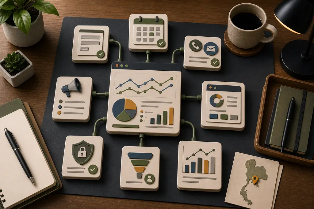 Analytics and conversion tracking workflow with form, booking, phone, campaign, privacy, report, and Thailand context
