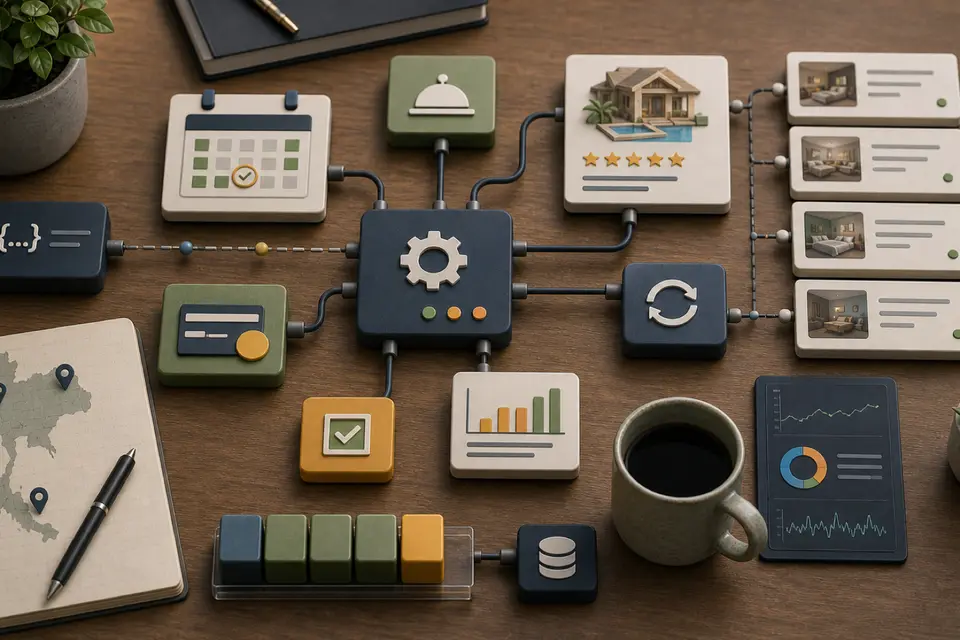 Booking integration workflow connecting availability, reservations, payments, customer records…