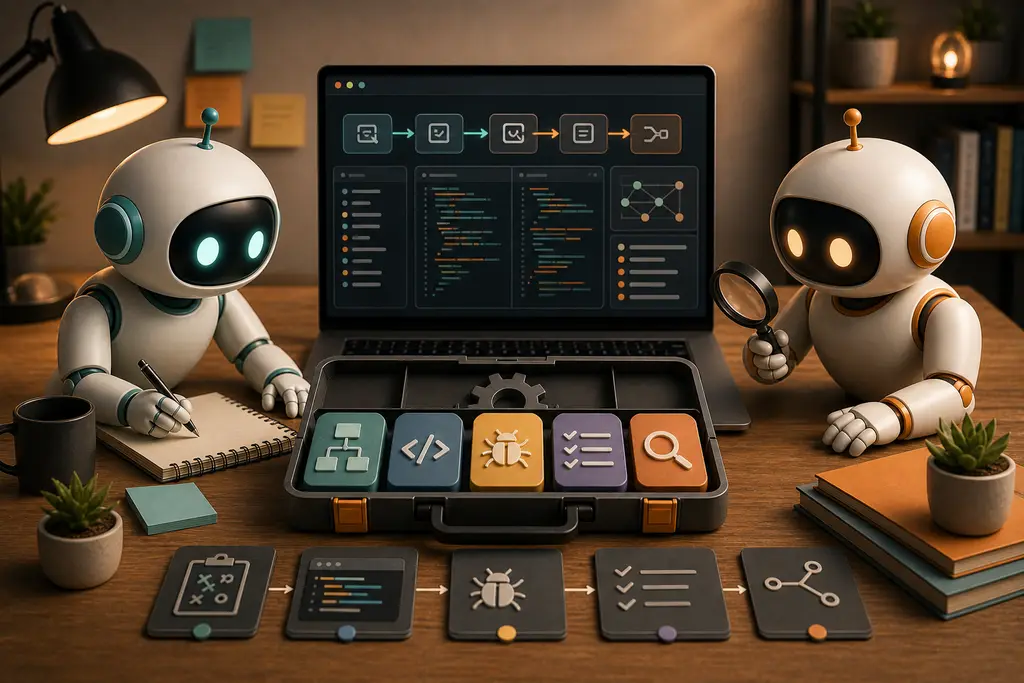 Two AI assistants supporting a developer workflow with planning, coding, debugging, and review tools