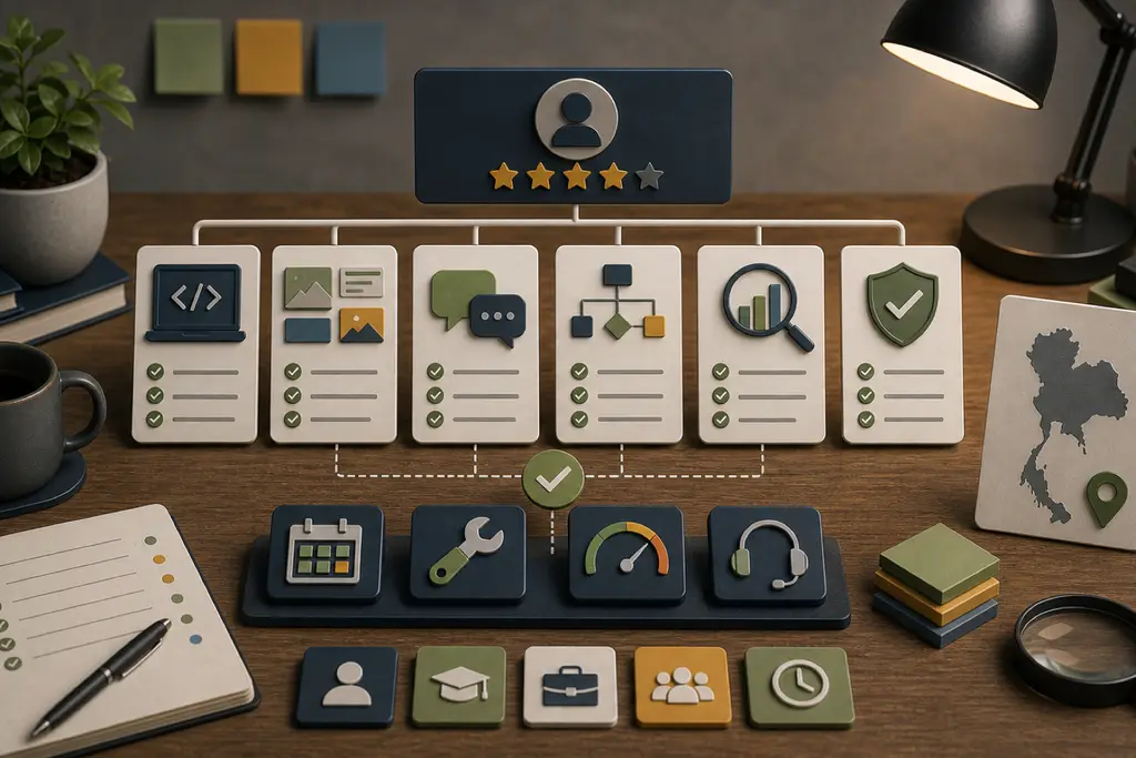 Decision board for choosing a web developer with technical criteria, support, communication, quality, and Thailand context