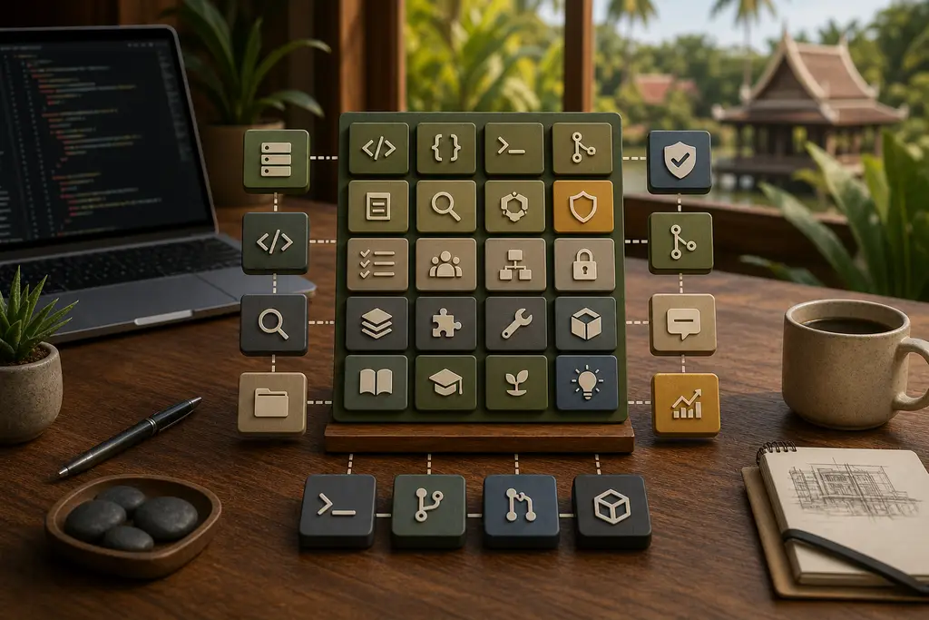 Official Claude Code plugin marketplace concept with language, security, review, workflow, and development plugin tiles on a Thailand developer desk