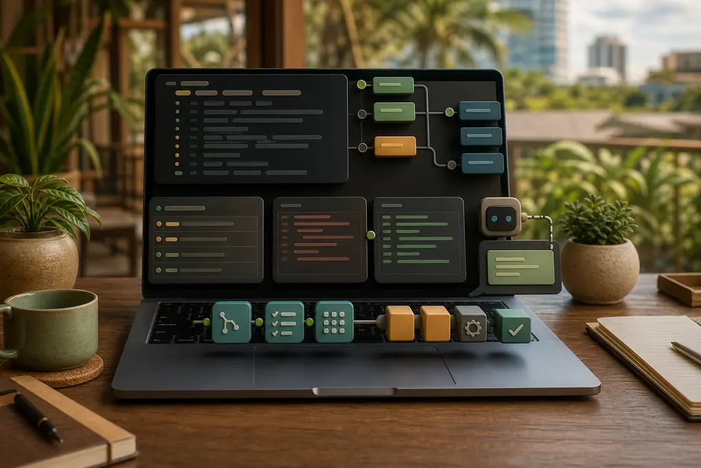 Codex CLI repository workflow with terminal, git branch, diff review, tests, build checks, and Thailand context