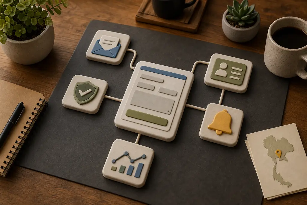 Contact form workflow connected to email, CRM, spam protection, notifications, analytics, and Thailand context