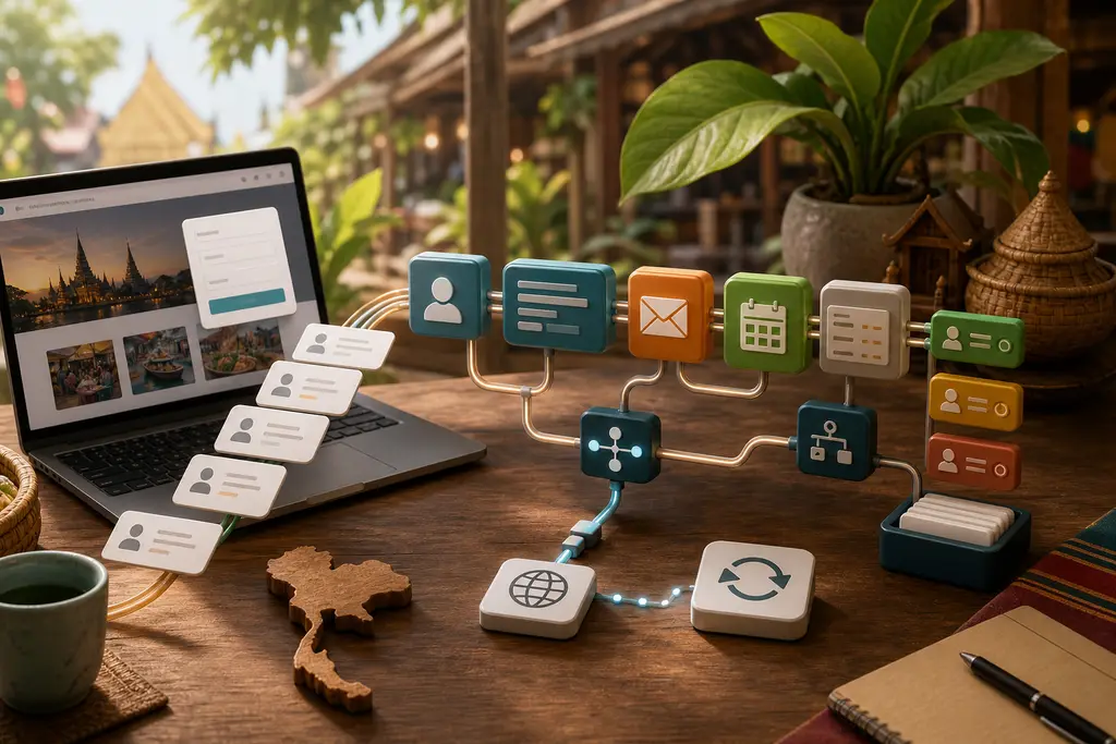 CRM integration workflow with website forms, booking leads, pipeline blocks, API connectors, notifications, retry queue, and Thailand context