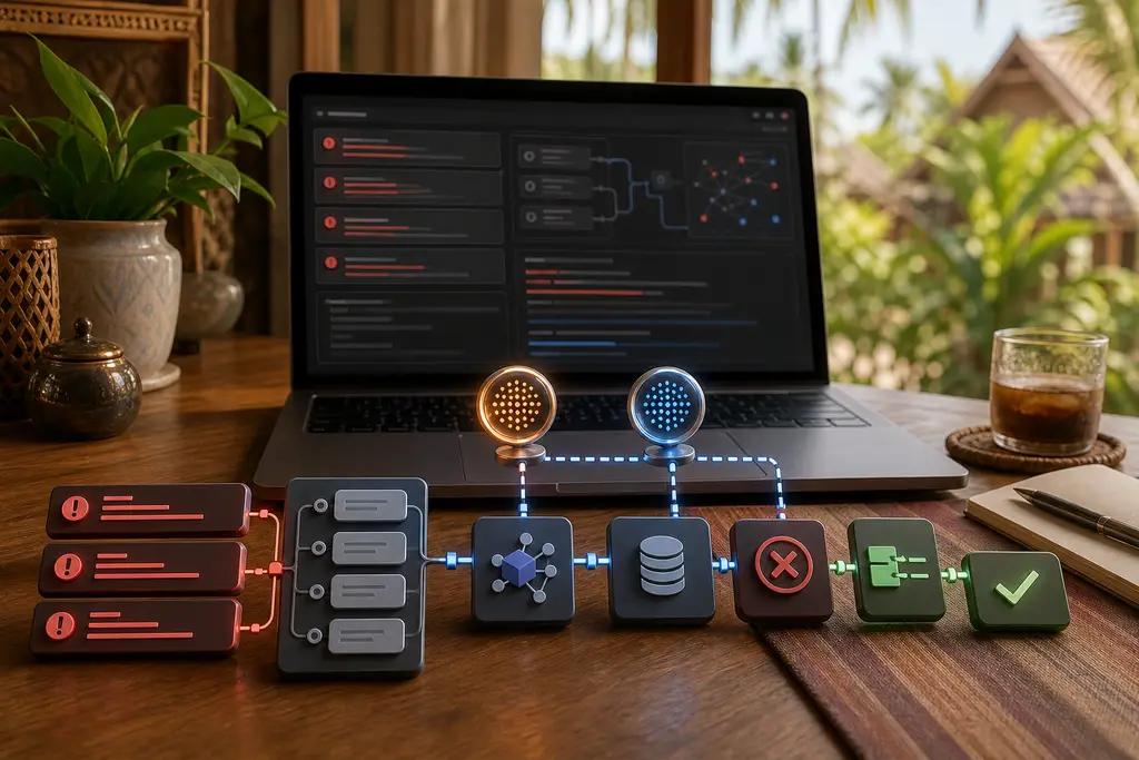 Debugging workflow with logs, reproduction steps, API trace, failing test marker, patch review, verification path, and Thailand context