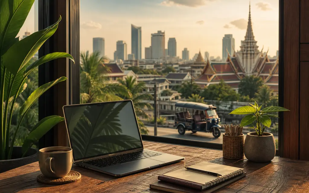 Digital nomad workspace in Thailand with a laptop, notebook, plants, and Bangkok outside the window