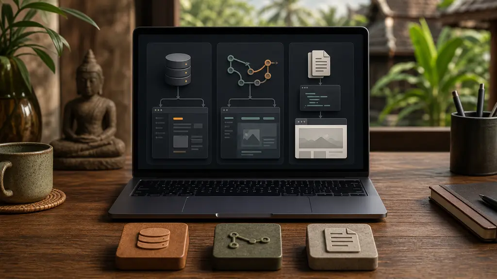 Developer workspace comparing a database CMS, Git-backed CMS, and structured files without a CMS…