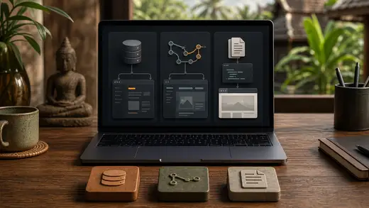 Developer workspace comparing a database CMS, Git-backed CMS, and structured files without a CMS…
