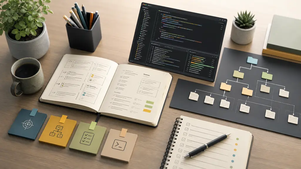 A developer using AI tools for planning, implementation, review, and project instructions