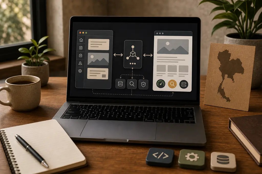 Headless WordPress architecture for Thailand websites with WordPress CMS, API layer, Astro frontend, cache, SEO, security, and publishing workflow