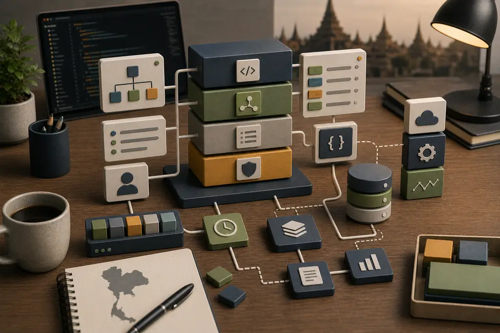 Backend development workspace with architecture blocks, database modules, queues, APIs, and a subtle Thailand reference