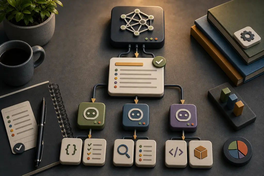 A large AI model node handing a written instruction document down to three smaller AI model nodes that execute the work