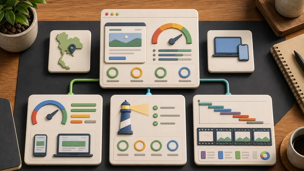 Performance testing dashboard comparing speed scores, Lighthouse checks, waterfall requests, filmstrip frames, mobile devices, and Thailand website context