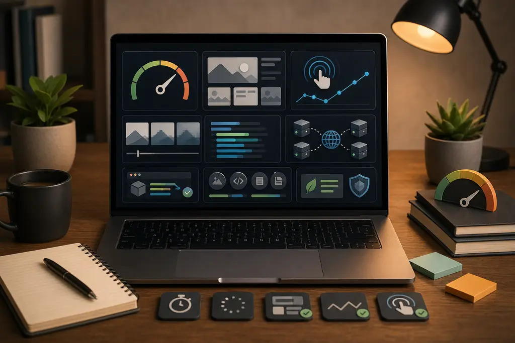 Performance dashboard with Core Web Vitals, optimized assets, and delivery signals