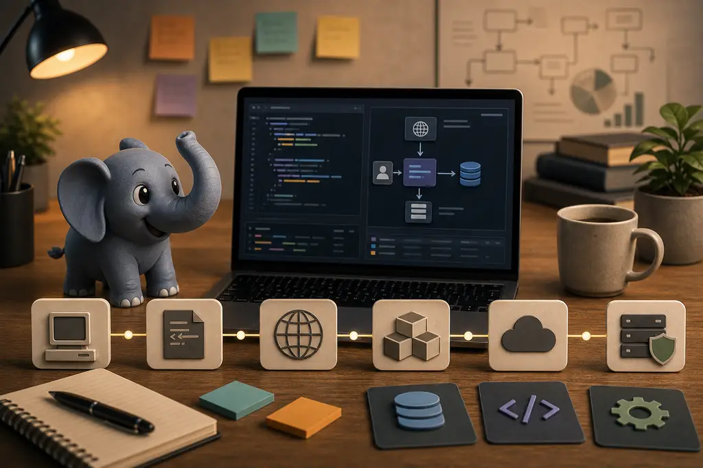 Elephant mascot with backend development, web stack, and server infrastructure icons
