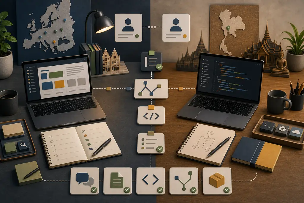 Remote development workflow connecting European planning and Thailand-based technical work