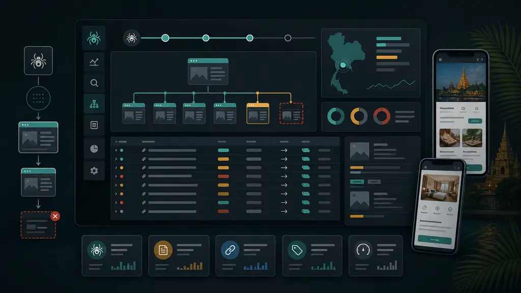 Technical SEO crawler dashboard with URL rows, status signals, redirect paths, internal link nodes, metadata cards, and Thailand website context