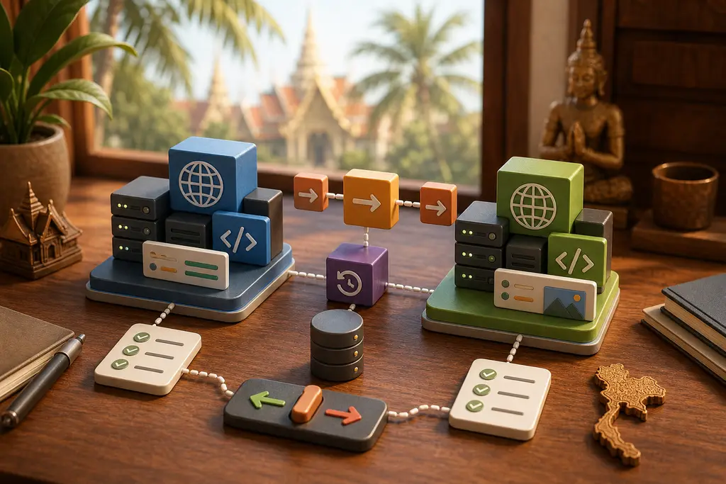 Staging environment setup with production and test website modules, deployment arrows, backups, database, rollback controls, and Thailand context