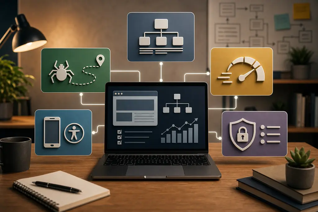 Technical SEO guide modules for crawlability, structure, performance, accessibility, and security