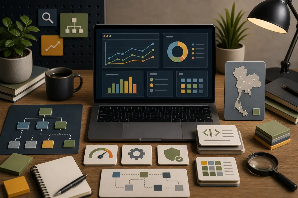 Technical SEO dashboard with sitemap nodes, status indicators, structured data cards, and Thailand website context
