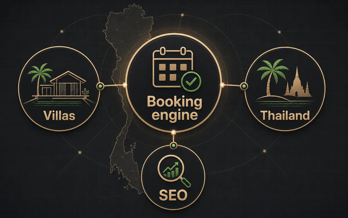 Infographic showing a Thailand villa rental booking engine connected to villas, Thailand, and SEO