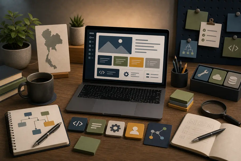 Developer workspace with website modules, code tools, and a subtle Thailand map reference