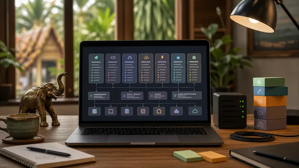 Web development stack workspace for Thailand websites with laptop architecture cards, connected system blocks, server cube, stack blocks, and warm developer desk