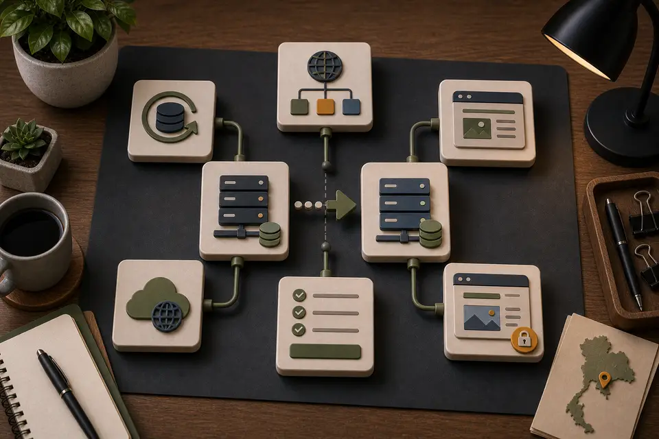 Hosting migration workflow connecting old and new servers with DNS, backups, testing, and launch…