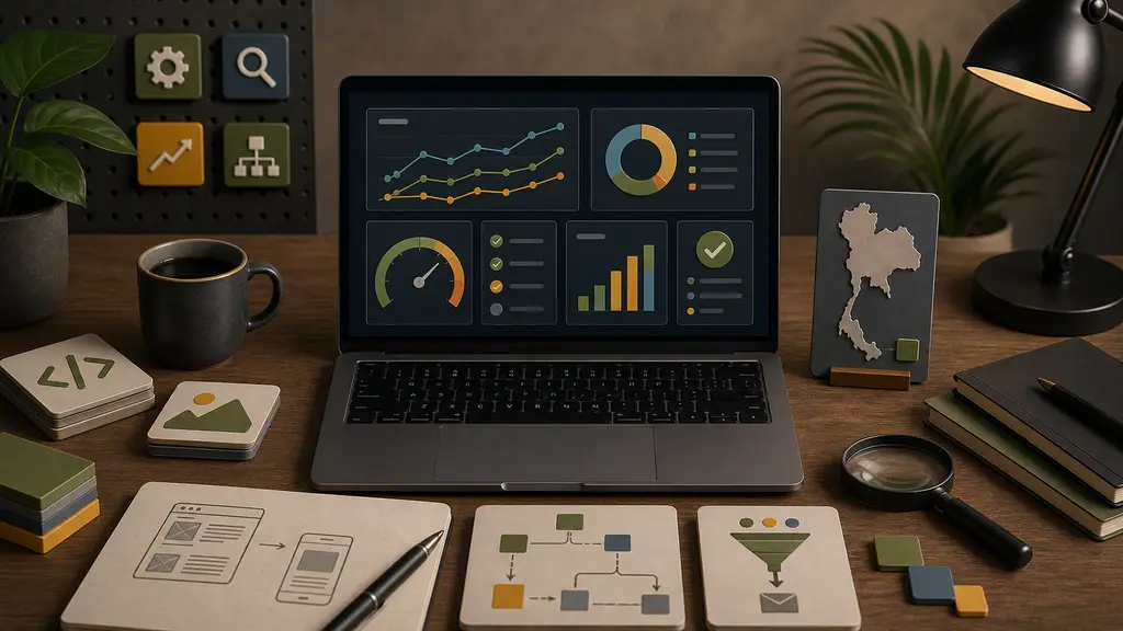Website optimization workflow for a Thailand business with performance, search visibility, technical checks, and lead flow signals