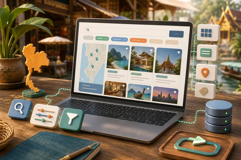 Website search and filter improvement workspace with listing cards, filter controls, database module, fast query path, mobile layout, and Thailand context