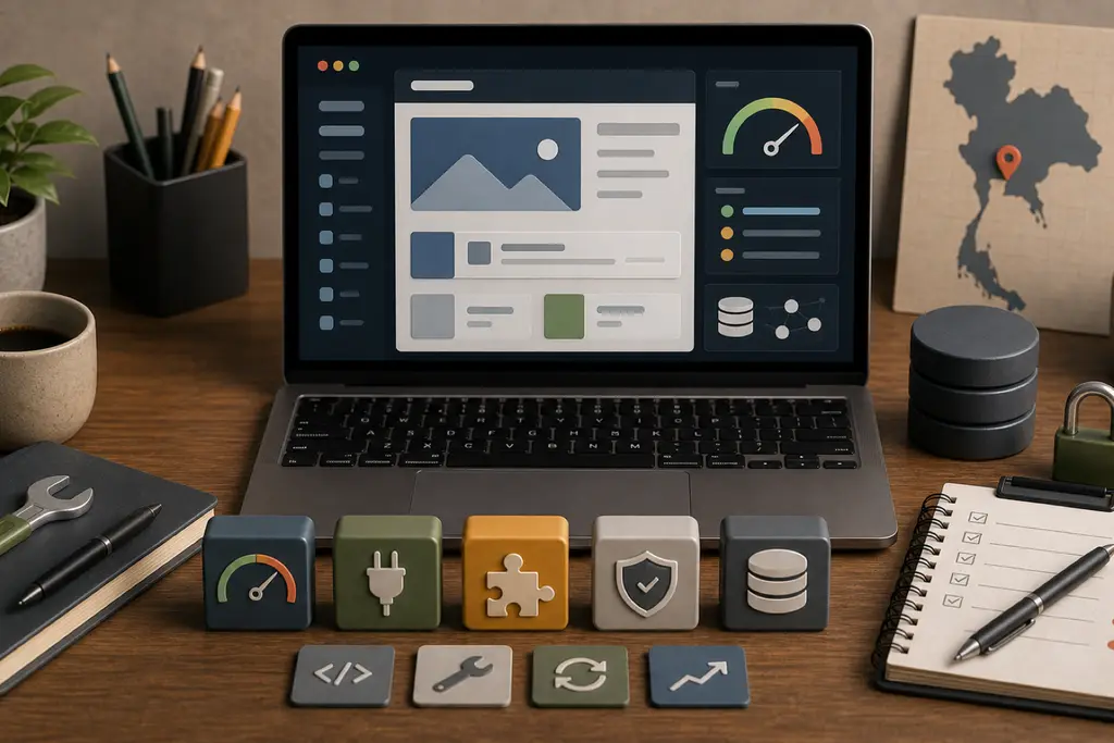 WordPress-style CMS performance and maintenance workspace with plugin, database, security, and Thailand website signals